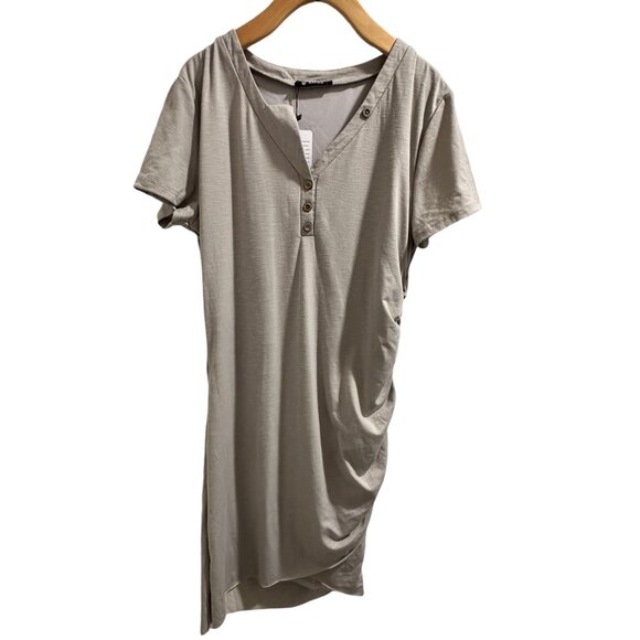 ✌️ 2/$40 ✌️ NWT Taupe Long T-Shirt Dressed with Ruched Side and V-Neck sz L - Picture 1 of 8